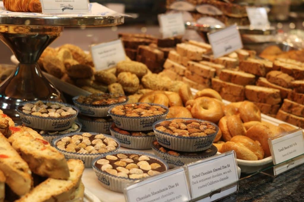 Baked goods on display at a bakery